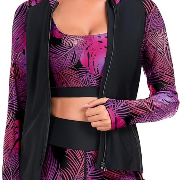 Women's 3 Piece Rash Guard Long Sleeve Swimsuits Bathing Suit with Shorts Zip Up - Picture 1 of 6